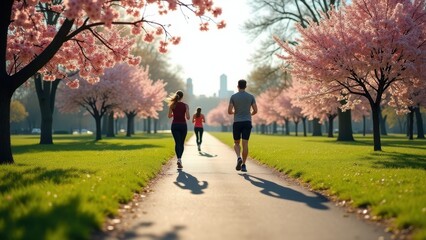 First signs of spring, City park with thawed paths, joggers, blooms, clear sky, photorealistic.