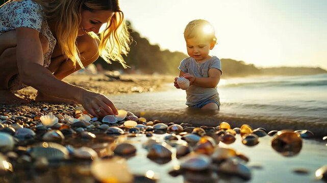 a woman with a child collects seashells on the beach. Selective focus
