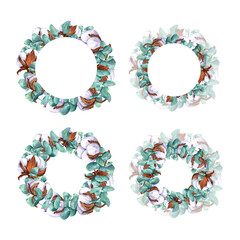 Eucalyptus branches and cotton bolls. Set of wreaths, round frames. Hand drawn watercolor isolated botanical illustration. For design, decor, typography and printing, souvenirs