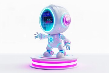 Futuristic neon robot on display platform