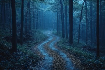Obraz premium Winding path through a dark forest with ethereal hints of movement at dusk