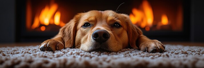 Dog relaxing on a soft rug beside a warm fireplace in a cozy living room