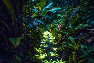 A magical nighttime scene in a lush tropical forest. Glowing plants illuminate a pathway winding through vibrant foliage and exotic flowers. Dark, mysterious ambiance.