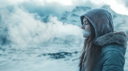 Fototapeta premium A woman in a hooded jacket, exhaling warm air as she stands in the winter chill, surrounded by icy landscape.