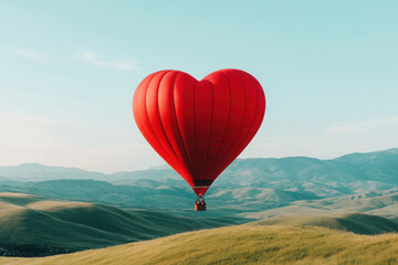 A vibrant heart-shaped hot air balloon soaring above green hills.
