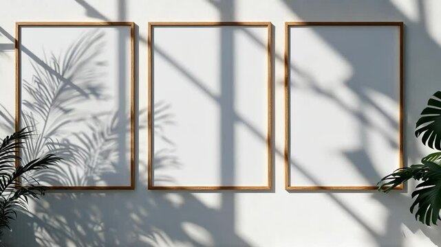 Empty frames on a wall illuminated by sunlight with plant shadows in a modern interior setting