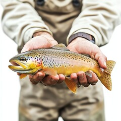 Man holding a freshly caught brown trout fish, white isolated background.