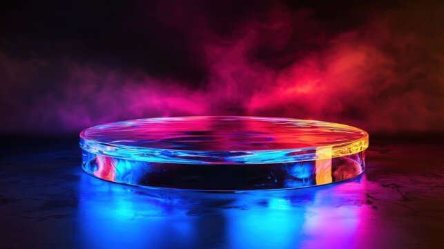 This image features a circular glass display stand illuminated with vibrant neon lights and surrounded by colorful smoke. Suitable for artistic presentations.