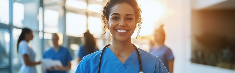 Fototapeta premium Healthcare professional smiling in hospital environment medical training warm atmosphere positive vibes inspiring future