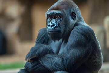 Obraz premium Gorilla sitting pensively with a thoughtful expression in a natural habitat