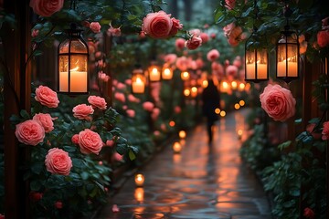 Romantic rose garden path at dusk.