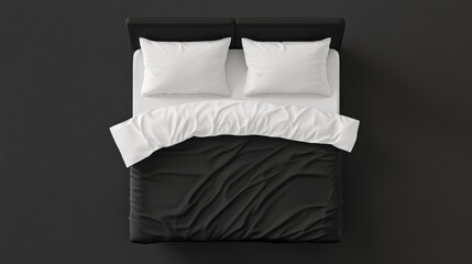 Double beds with black and white linen top view. 3d vector furniture for sleep mockup with blank sheet, pillows and duvet, home or hotel king-size beds rendering, isolated Realistic illustration