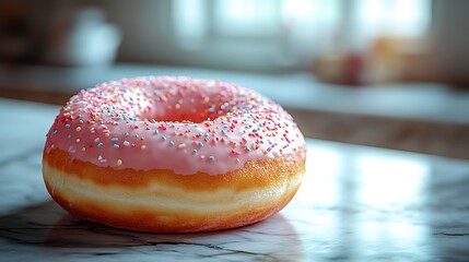 Pink Donut with Sprinkles on Marble Counter