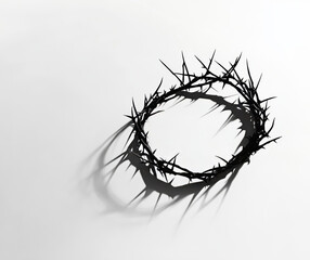 Fototapeta premium A crown made of sharp thorns rests on a flat surface, creating an intricate shadow that highlights the contrast between light and darkness, evoking themes of sacrifice and spirituality