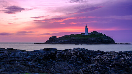 Sunset on Godrevy Island Lighthouse, Cornwall