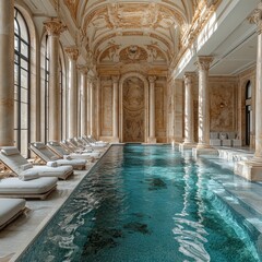 Elegant Indoor Swimming Pool with Lounge Chairs and Sunlit Windows