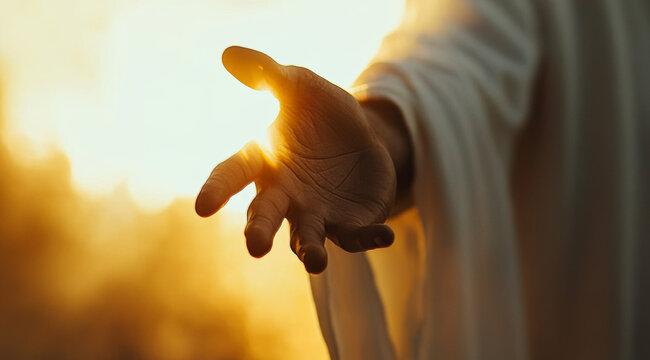A Jesus hand reaches out towards a radiant light during sunset, symbolizing hope and encouragement. The warm glow creates a serene atmosphere, inviting reflection and connection