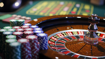 Obraz premium Set of casino elements isolated on white background. Red slot machine with jackpot, Casino Roulette wheel, poker chips and playing cards