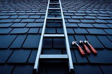 Ladder positioned on sloped roof with tools arranged nearby for maintenance work