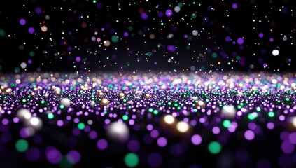 Fototapeta premium Colorful Bokeh Lights in Abstract Background with Glittering Particles for Celebratory and Festive Themes in Vibrant Hues of Purple, Green, Gold, and White