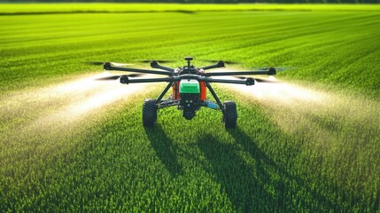ractor spray fertilizer on green field drone high angle view, agriculture background concept.