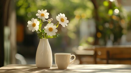 Fototapeta premium A vase of daisies and a cup sit on a table in front of a window, offering a view of the outdoors