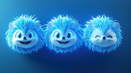 Obraz premium Three cute blue hedgehog faces with different expressions.