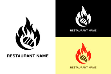 beef piece in the fire, fry, cooking, steak, paleo, restaurant logo, juicy meat, meal plan, dietary, organic product shop, food truck, food stall, vector logo, silhouette