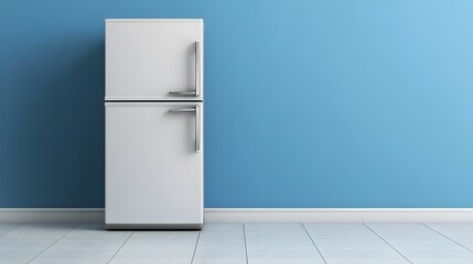 White Refrigerator Against a Blue Wall.