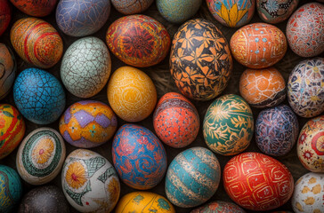Brightly colored and intricately designed eggs fill the surface, showcasing artistic patterns and details. This festive collection is perfect for spring celebrations, including Easter traditions