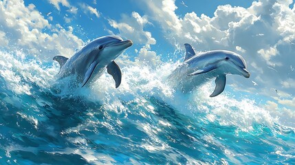 Fototapeta premium Two Dolphins Leap Joyfully Through Ocean Waves Under a Blue Sky
