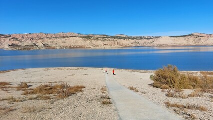 People with a dog by the lake
