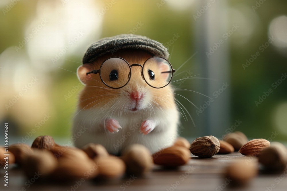 Poster cute hamster with round glasses and a tiny cap surrounded by nuts on a wooden table in natural light
