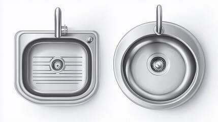 Obraz premium Stainless kitchen sinks with faucets in top view. Clean and dirty rusty metal sinks with basin mixer and utensil drainer. Vector realistic set of steel wash bowls isolated on transparent background