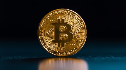 Golden Bitcoin cryptocurrency coin on dark background. (1)
