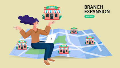  woman  with a map featuring multiple small shops spread across different locations, symbolizing SME business expansion. Each shop is marked with unique icons, emphasizing growth, entrepreneurship.