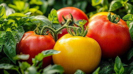 Freshly harvested tomatoes in a vibrant garden during late summer