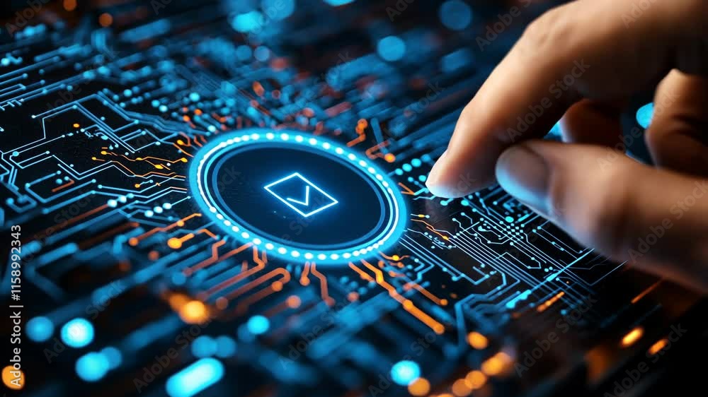 Poster digital interaction on a futuristic circuit board with glowing elements and a hovering icon indicati