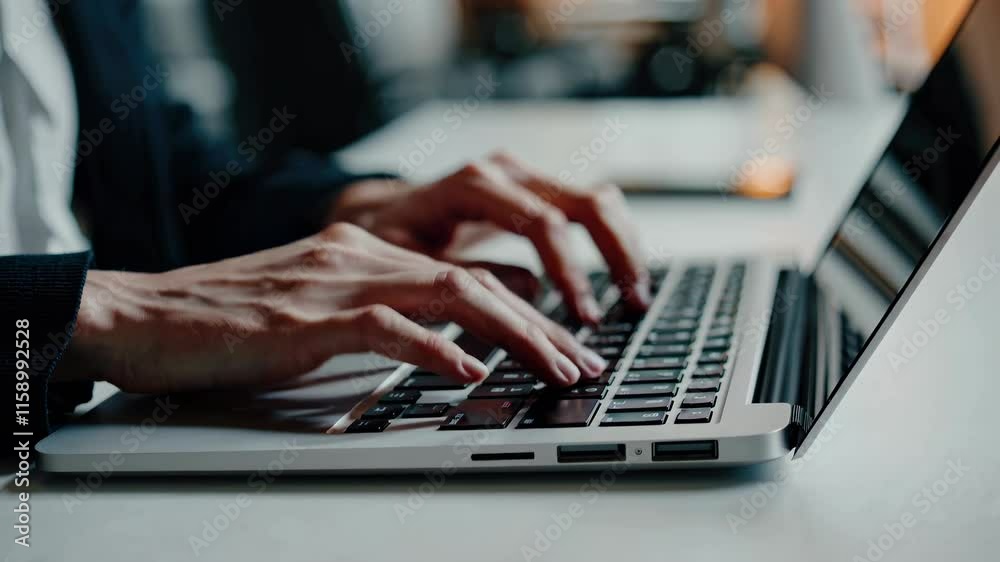 Poster Hands typing on a laptop in a modern workspace during daytime