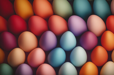 A delightful assortment of pastel and bold colored eggs fills the view, showcasing various sizes and shapes. This festive collection captures the essence of spring celebrations and creativity