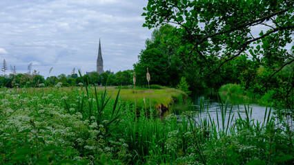 Salisbury Cathedral across the River Nadder and water meadows