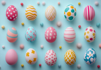 Fototapeta premium A variety of beautifully decorated Easter eggs are arranged on a soft blue background. The eggs feature vibrant colors and playful patterns, perfect for spring festivities and holiday decorations