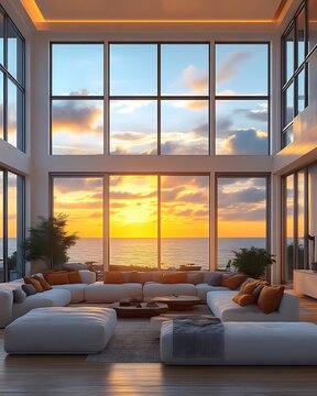 Fototapeta Sunset view from modern living room. (5)