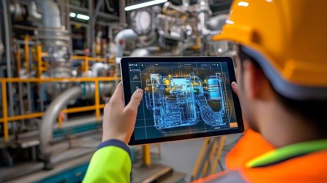 Engineers interacting with a virtual digital twin model on a tablet 