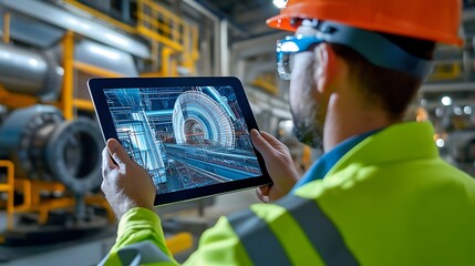 Engineers interacting with a virtual digital twin model on a tablet 