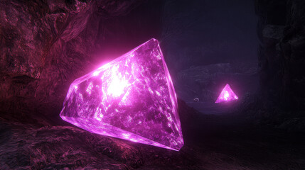 Obraz premium Neon light tunnel perspective. Vector realistic illustration of dark hall with triangular shape geometric lamps, purple and pink color illumination glowing in dark corridor, futuristic virtual portal