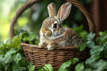 Obraz premium Rabbit resting comfortably in a wicker basket surrounded by lush greenery