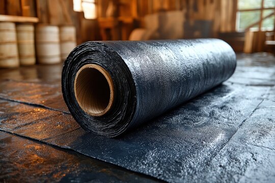 Roll of bituminous membrane ready for roofing application in a construction setting