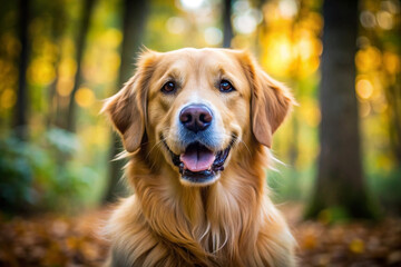 Happy golden retriever dog in autumn forest.