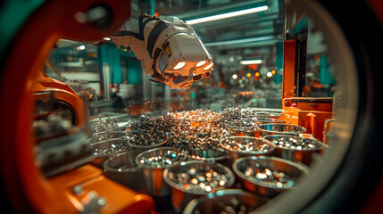 Robotic arm sorting metallic parts in a factory.